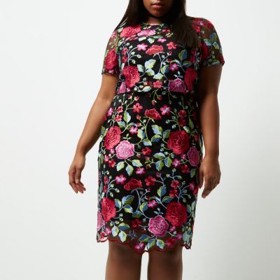 Plus pink floral embroidered midi dress